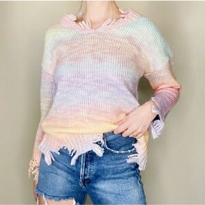 Sabrina Lauren‎ Pastel Colorblock Frayed Hem V-Neck Knit Sweater Size X-L…